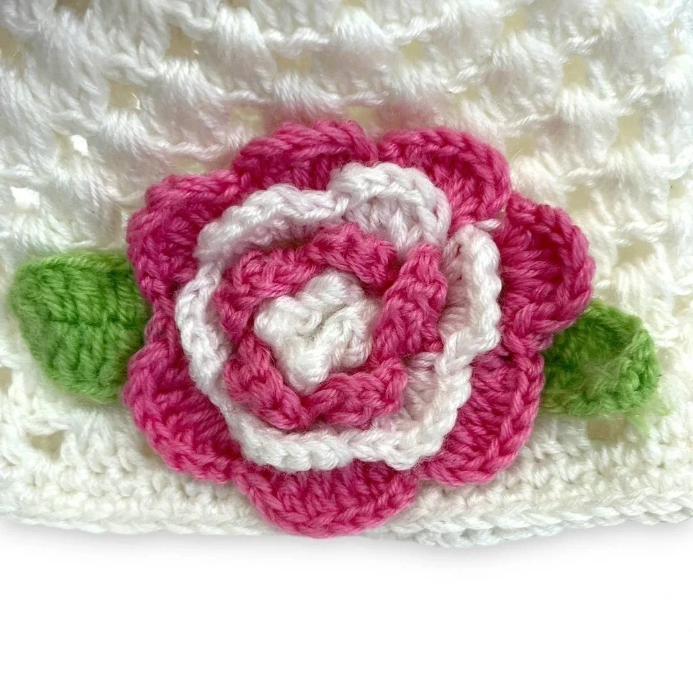 Handmade Hat Girls Crochet Knit Rose Beanie